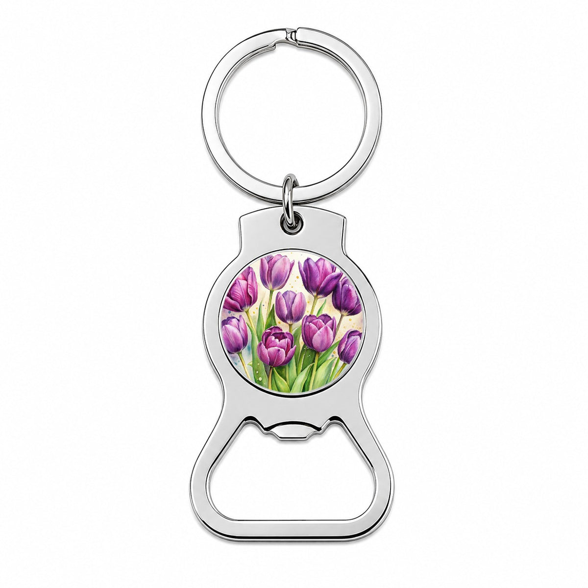 Purple Tulips Flowers Watercolor Bottle Opener Keychain