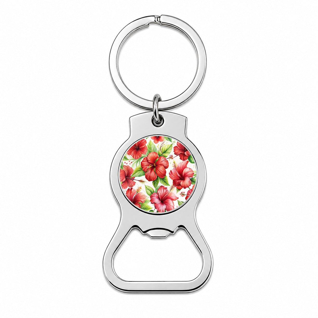 Red Hibiscus Flowers Watercolor Bottle Opener Keychain