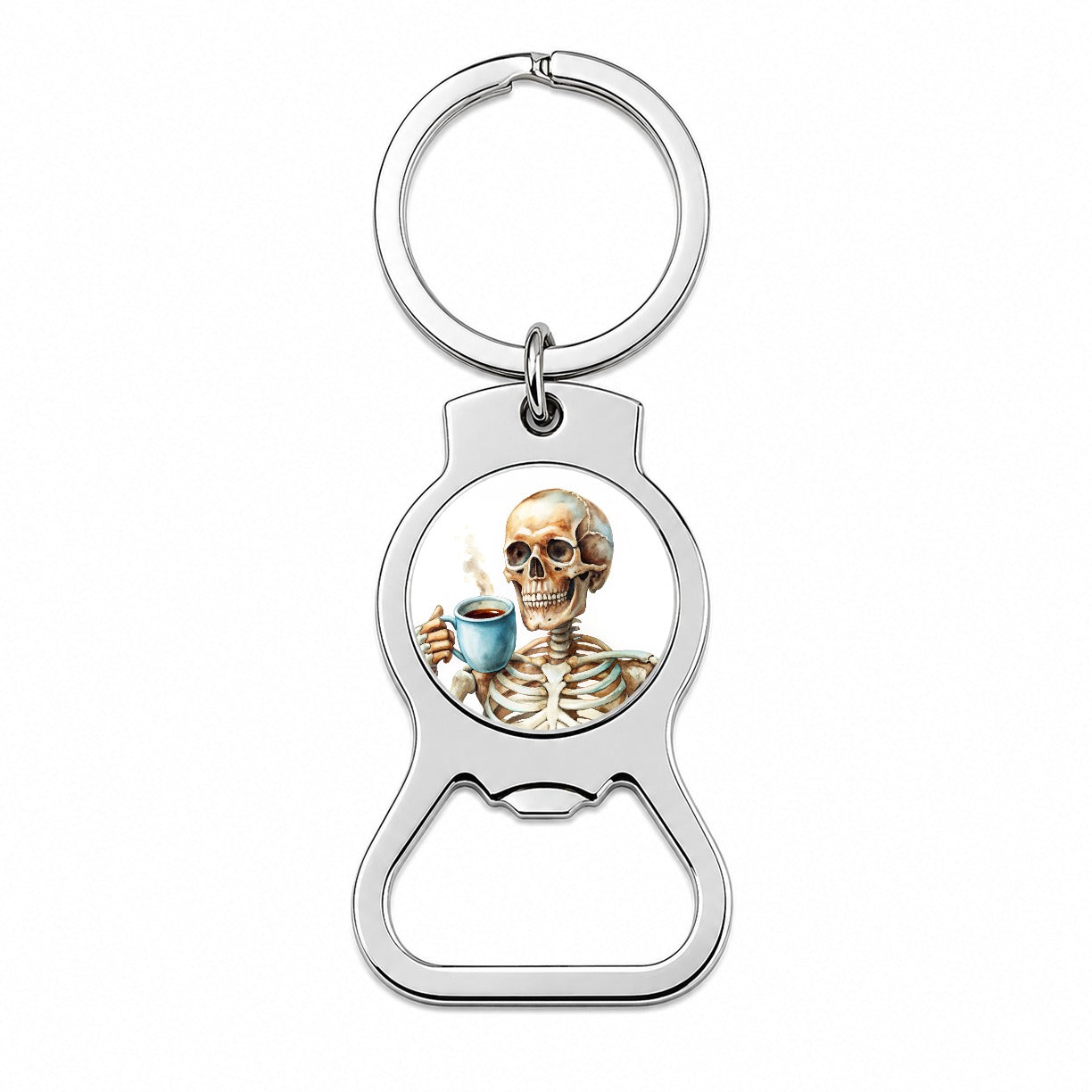 Skeleton Drinking Coffee Watercolor Bottle Opener Keychain