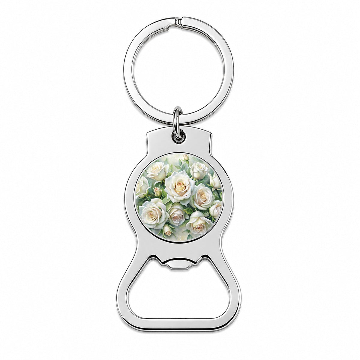 White Roses Flowers Watercolor Bottle Opener Keychain
