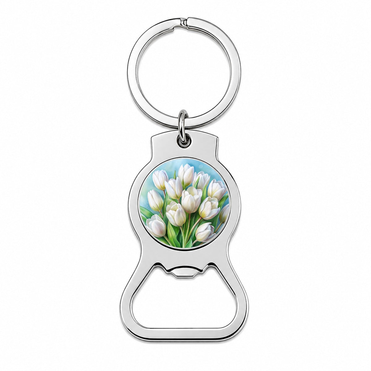 White Tulips Flowers Watercolor Bottle Opener Keychain
