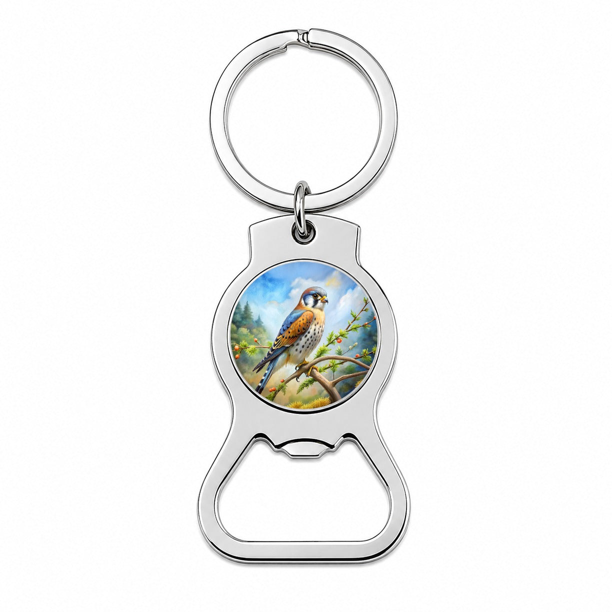 American Kestrel Raptor Bird Of Prey In Tree Scene Watercolor Bottle Opener Keychain