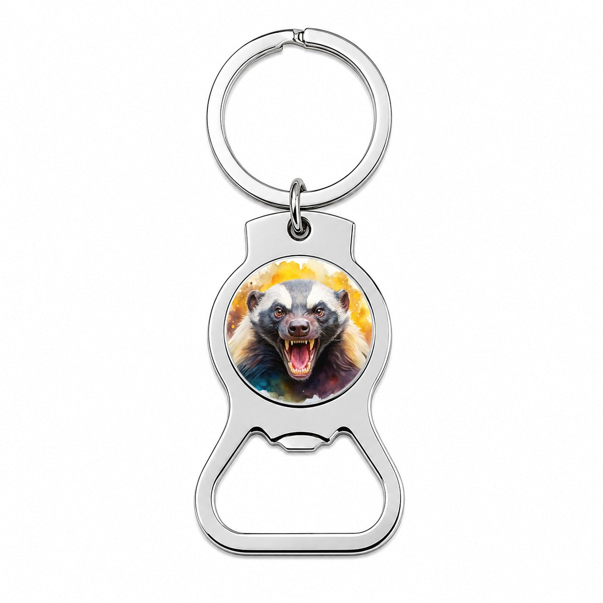 Angry Mad Honey Badger Watercolor Bottle Opener Keychain