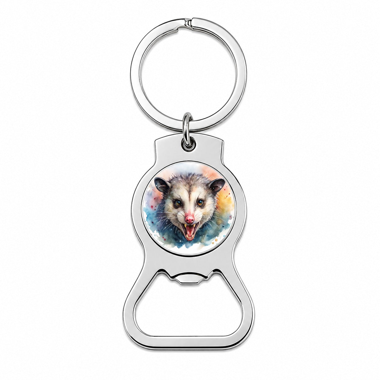 Angry Mad Opossum Watercolor Bottle Opener Keychain