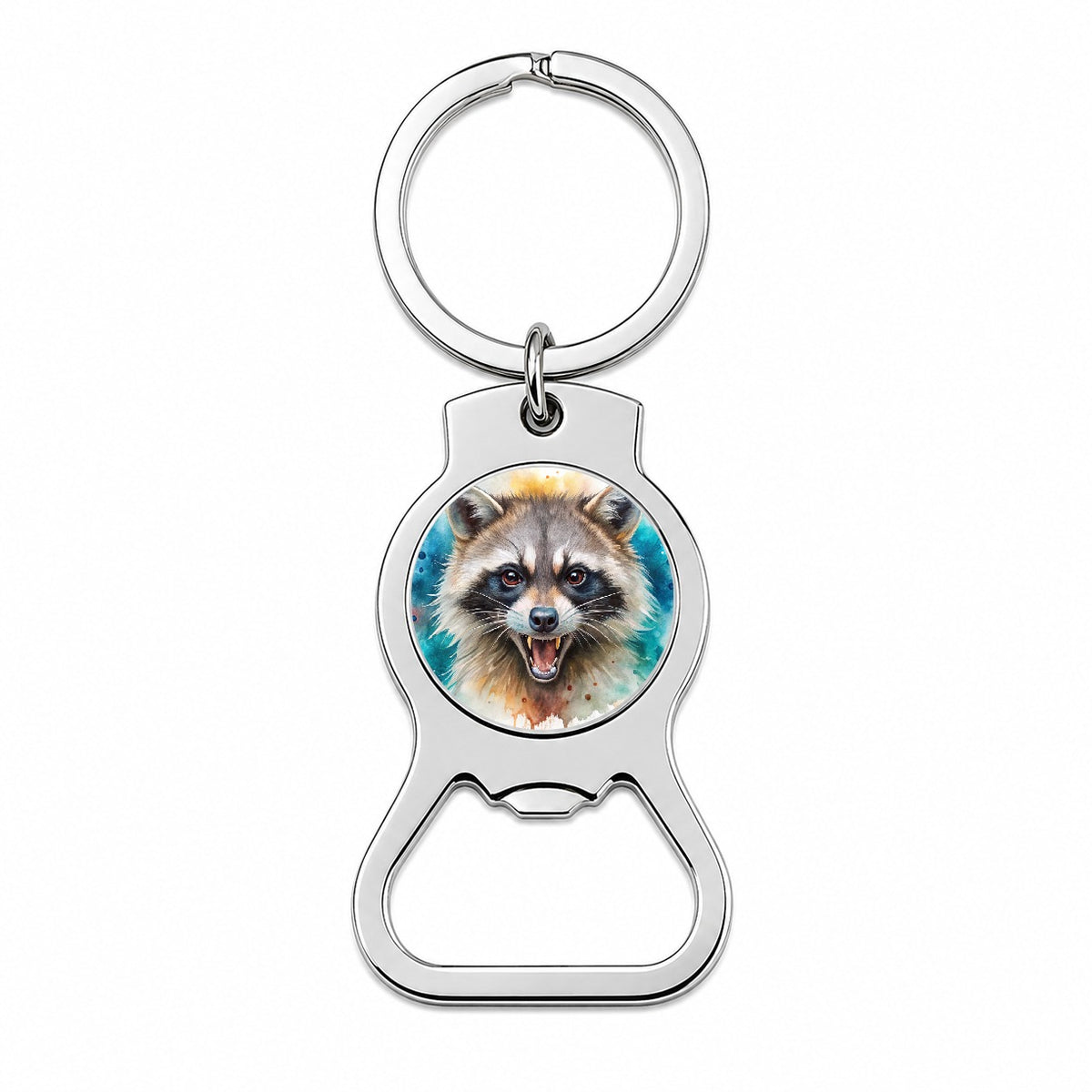 Angry Mad Raccoon Watercolor Bottle Opener Keychain