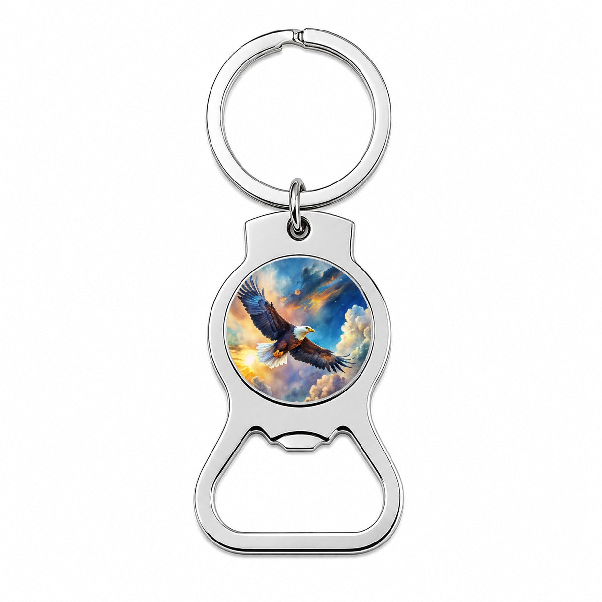 Bald Eagle Flying In Sky Clouds Watercolor Bottle Opener Keychain