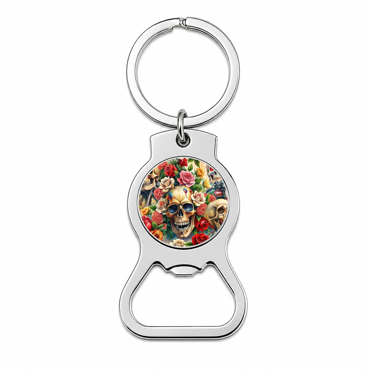 Biker Skulls And Roses Theme Watercolor Bottle Opener Keychain