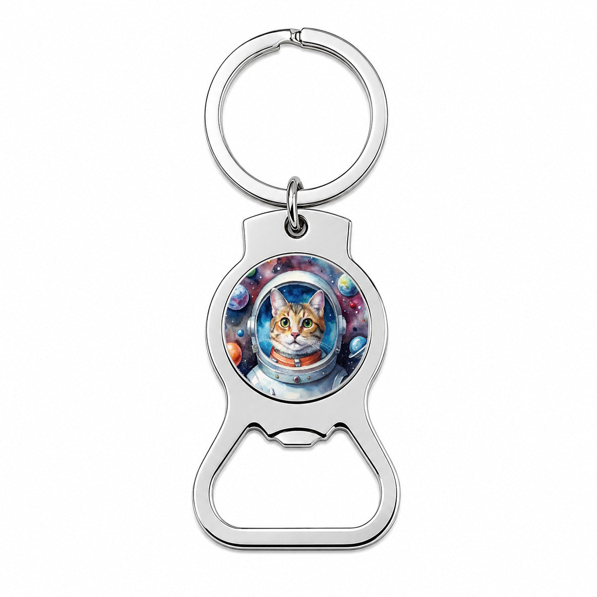 Cat In Space Funny Tabby Watercolor Bottle Opener Keychain