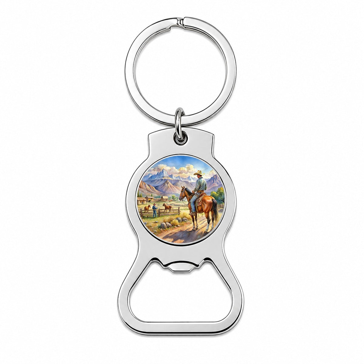 Cowboys Western Ranch Scene Watercolor Bottle Opener Keychain