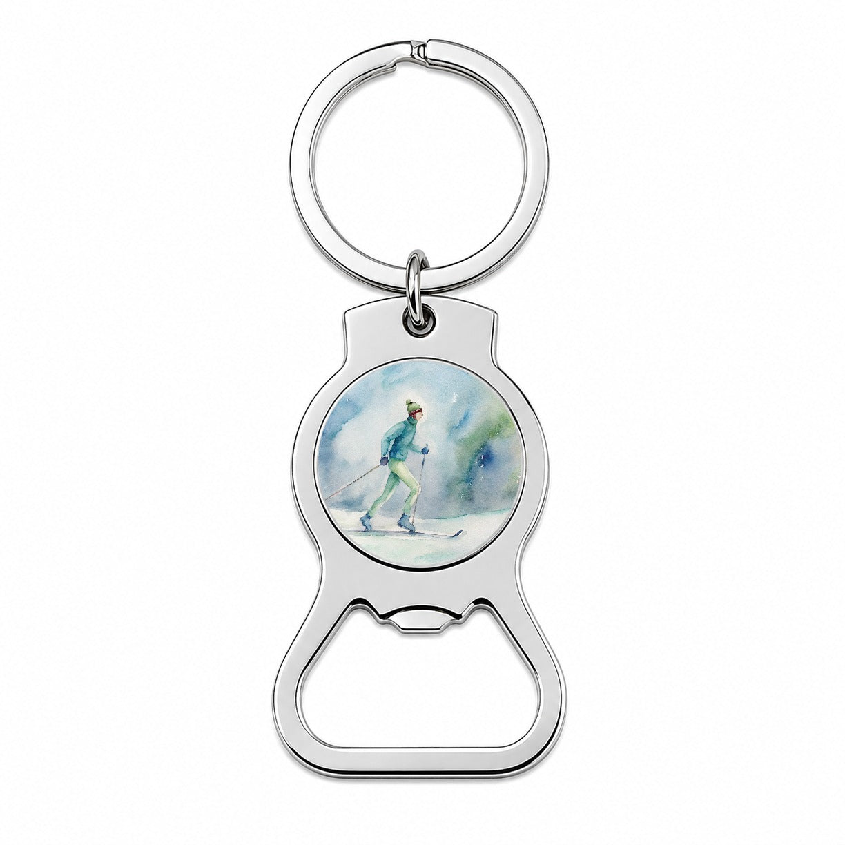 Cross Country Skiing Watercolor Bottle Opener Keychain