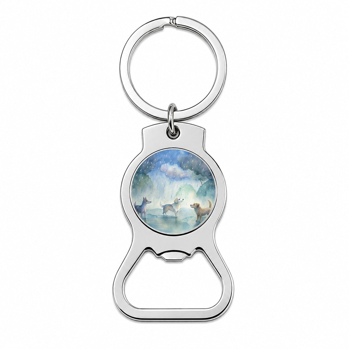 Dogs In The Rain Watercolor Bottle Opener Keychain