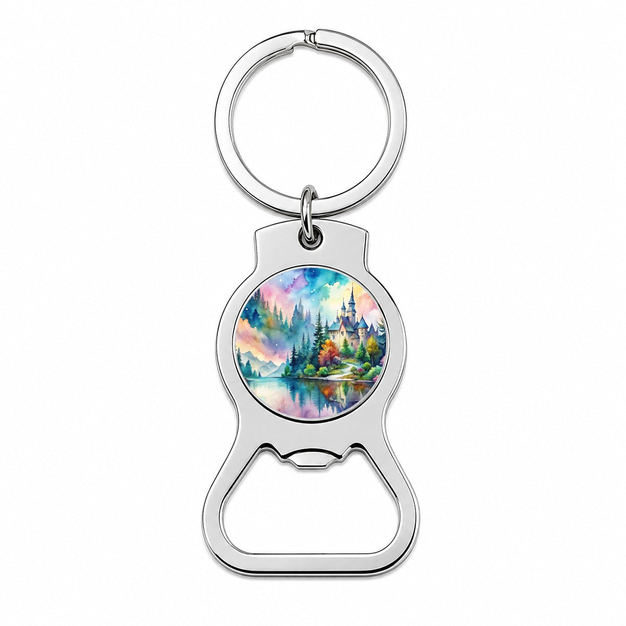 Fantasy Lake And Castle Scene Watercolor Bottle Opener Keychain