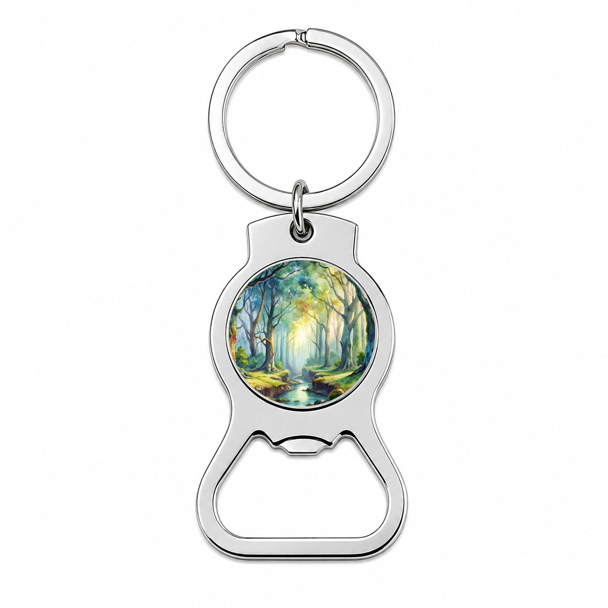 Fantasy Misty Forest Stream And Trees Watercolor Bottle Opener Keychain