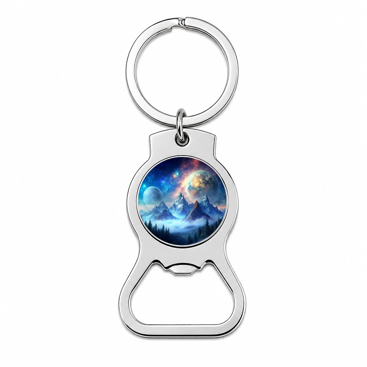 Fantasy Sci-fi World Moons Rising Over Mountains Watercolor Bottle Opener Keychain