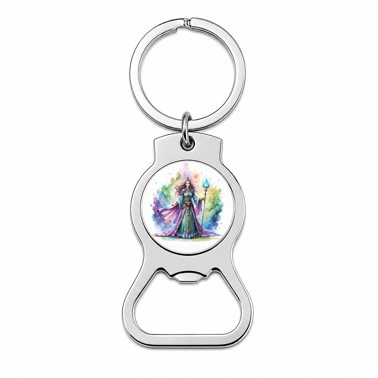 Fantasy Sorceress Purple Blue Magic Mana Watercolor Bottle Opener Keychain