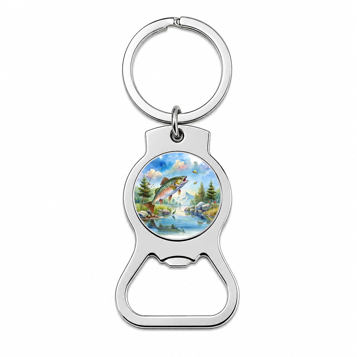 Fish Jumping Stream Lake Fishing Watercolor Bottle Opener Keychain