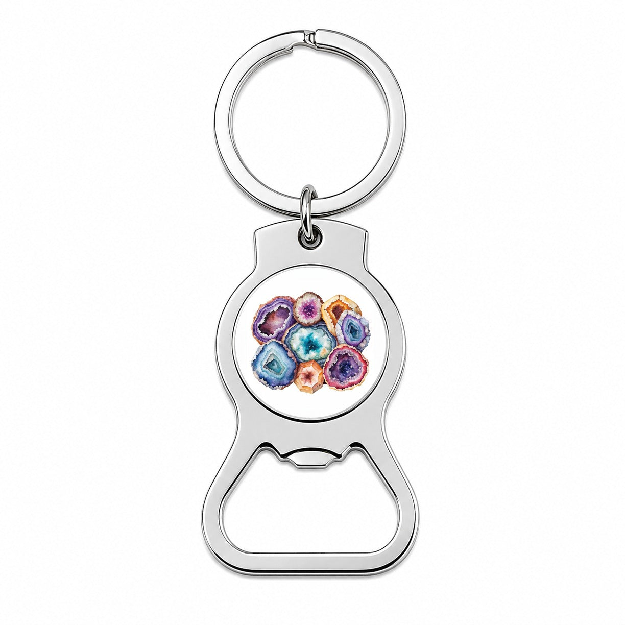 Geode Volcanic Crystals Cut Open Watercolor Bottle Opener Keychain