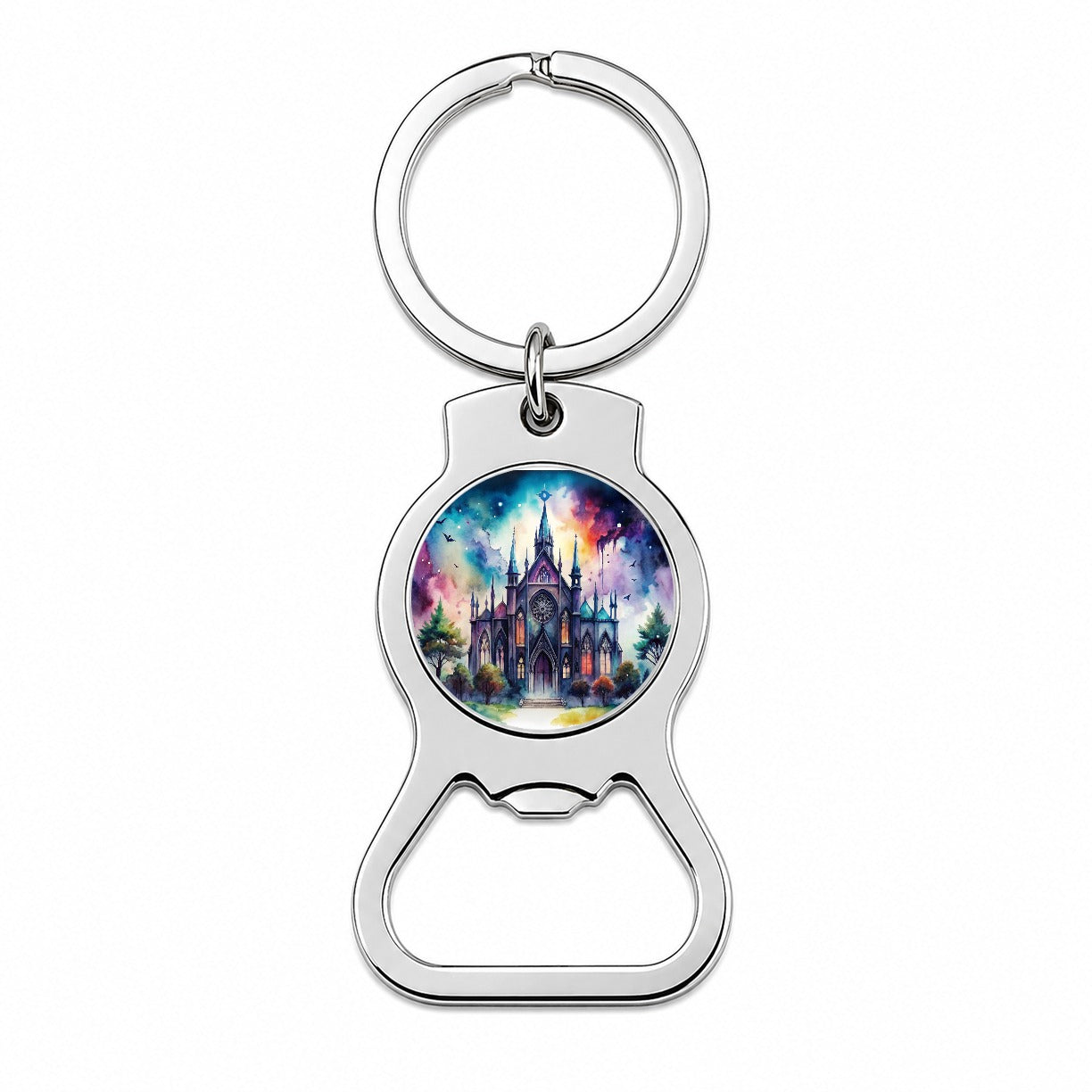 Gothic Style Church Watercolor Bottle Opener Keychain