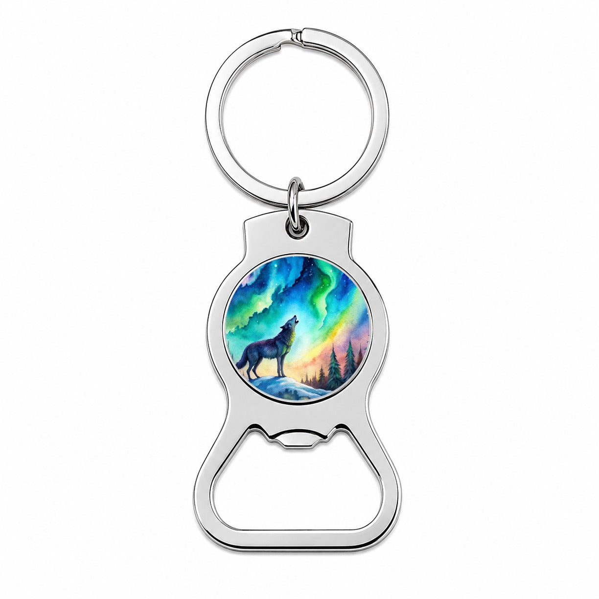 Howling Wolf And Northern Lights Watercolor Bottle Opener Keychain
