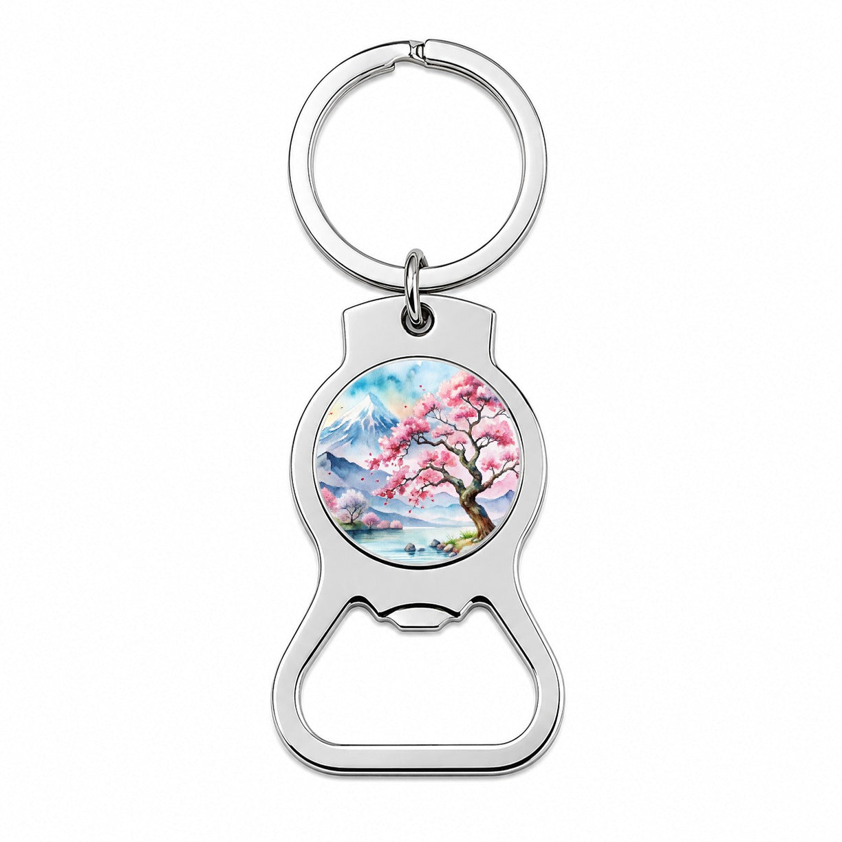 Japanese Cherry Blossom Tree Scene Watercolor Bottle Opener Keychain
