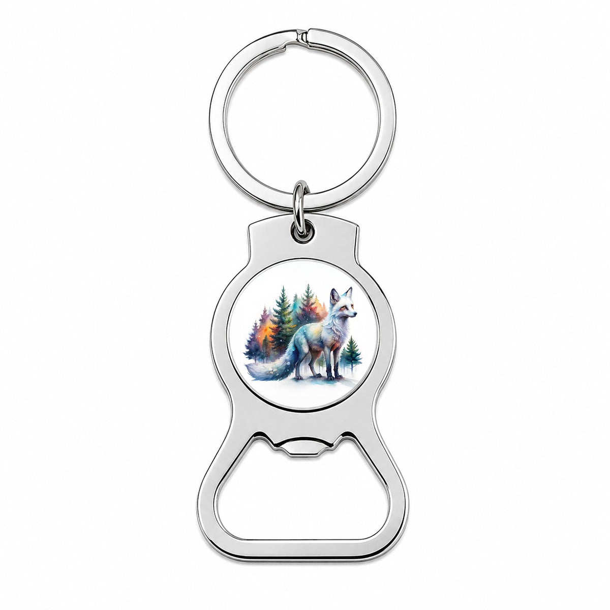 Kitsune White Fox Asian Japanese In Forest Watercolor Bottle Opener Keychain