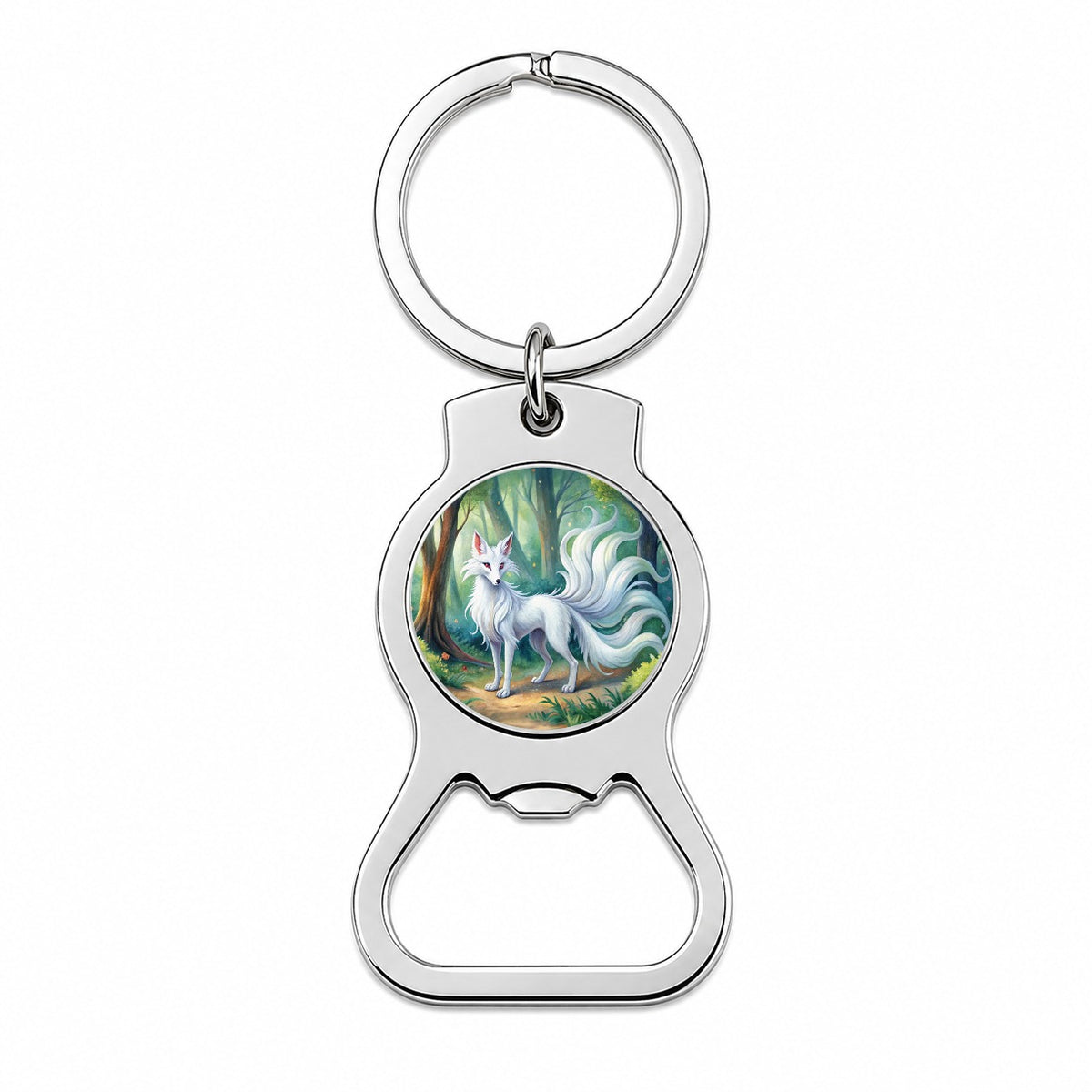 Kitsune White Fox With Many Tails Japanese Spirit Animal Watercolor Bottle Opener Keychain