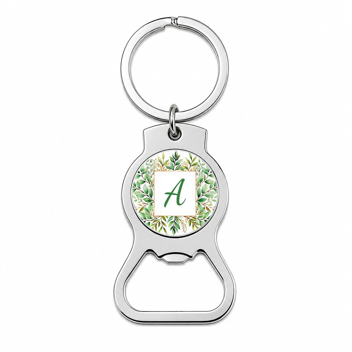 Letter A Initial Monogram Frame Leaf Bottle Opener Keychain