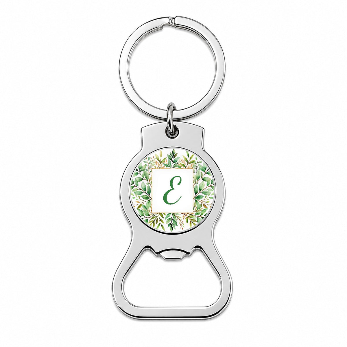 Letter E Initial Monogram Frame Leaf Bottle Opener Keychain