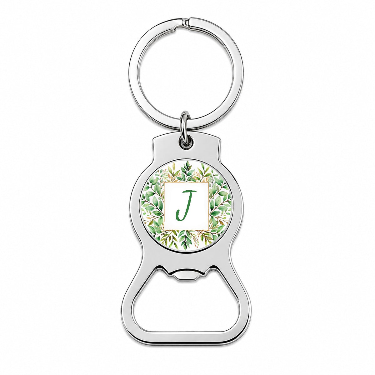 Letter J Initial Monogram Frame Leaf Bottle Opener Keychain