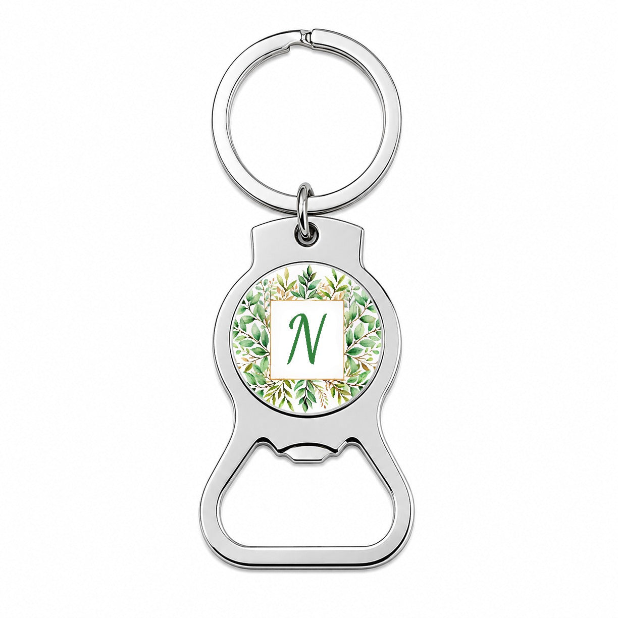 Letter N Initial Monogram Frame Leaf Bottle Opener Keychain