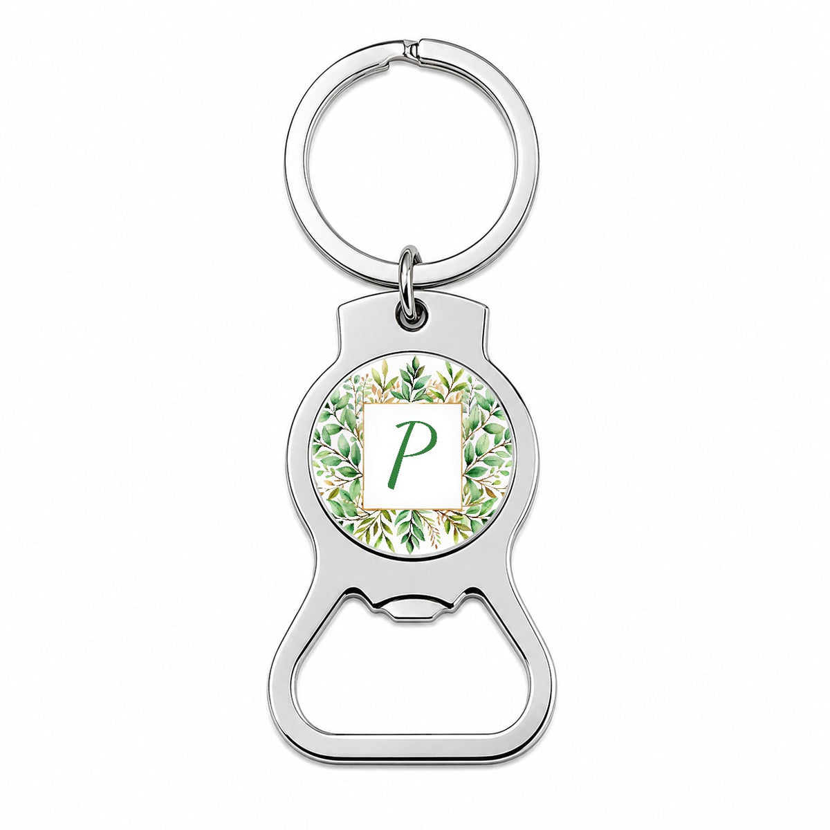 Letter P Initial Monogram Frame Leaf Bottle Opener Keychain