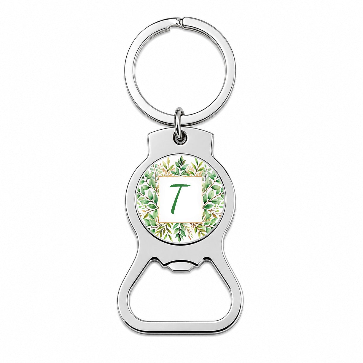 Letter T Initial Monogram Frame Leaf Bottle Opener Keychain