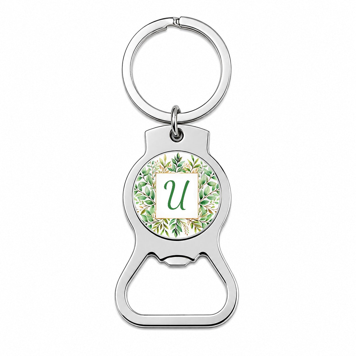 Letter U Initial Monogram Frame Leaf Bottle Opener Keychain