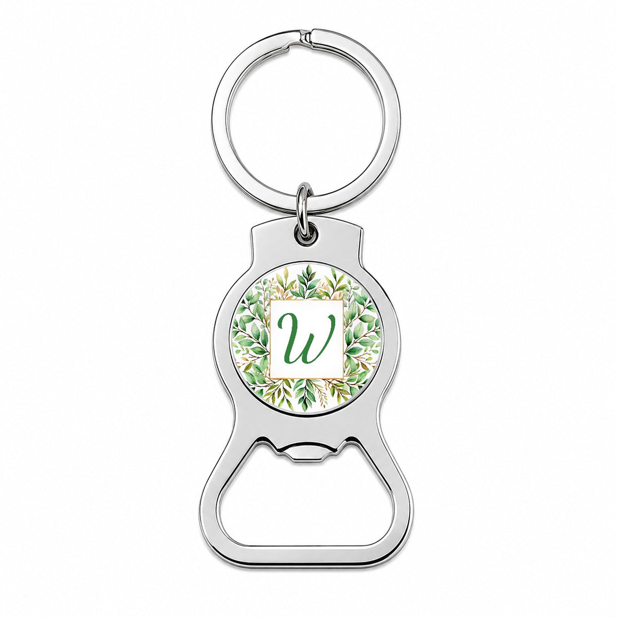 Letter W Initial Monogram Frame Leaf Bottle Opener Keychain