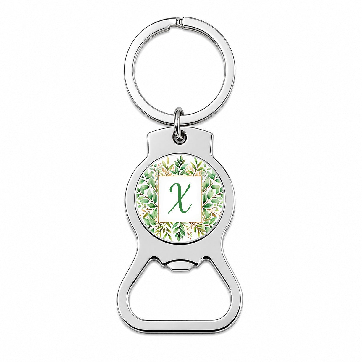 Letter X Initial Monogram Frame Leaf Bottle Opener Keychain