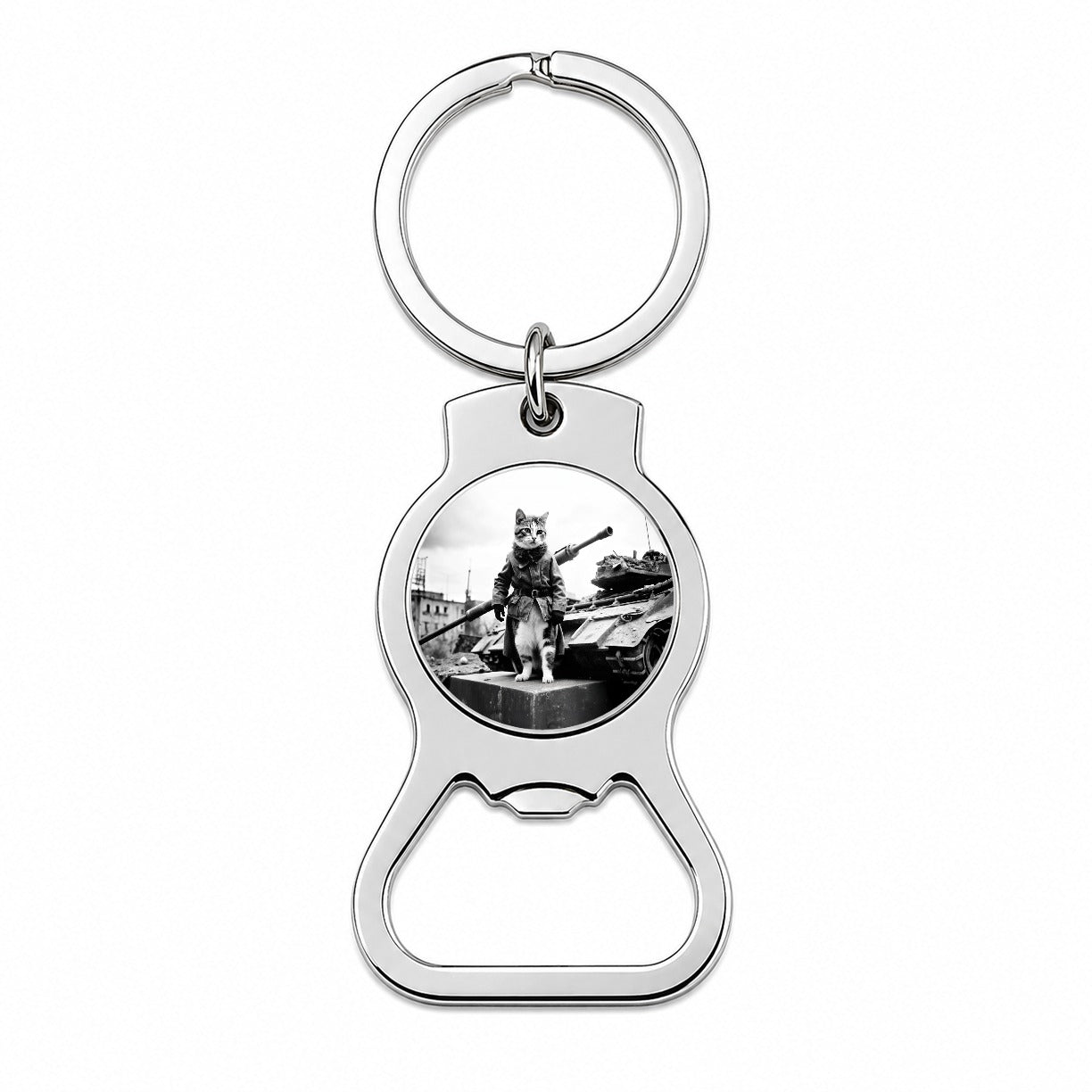 Military Resistance War Soldier Cat Retro Black And White Bottle Opener Keychain