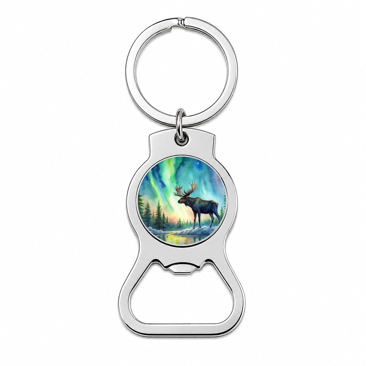 Moose And Northern Lights Watercolor Bottle Opener Keychain