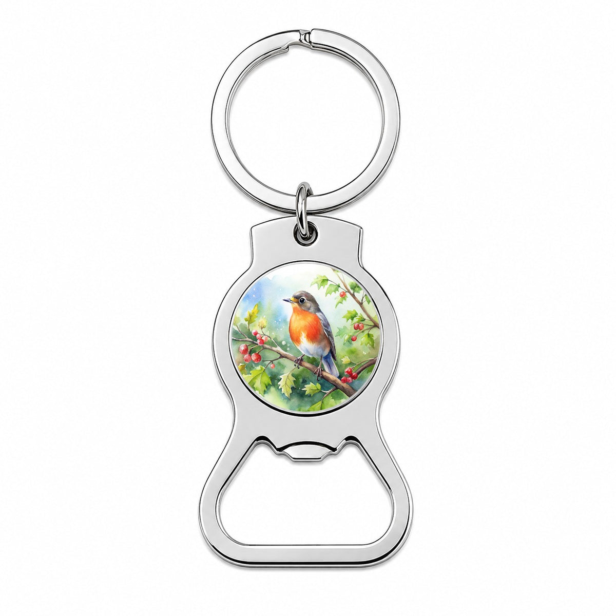 Robin In Tree Bird Watercolor Bottle Opener Keychain