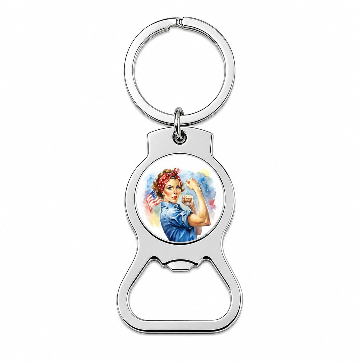 Rosie The Riveter Patriotic Watercolor Bottle Opener Keychain