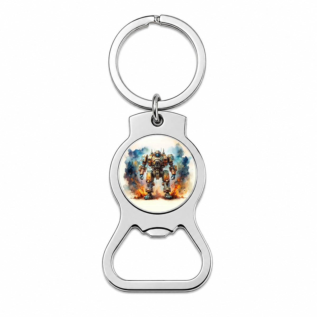 Sci-fi Steampunk Giant Robot Warrior Mech Watercolor Bottle Opener Keychain