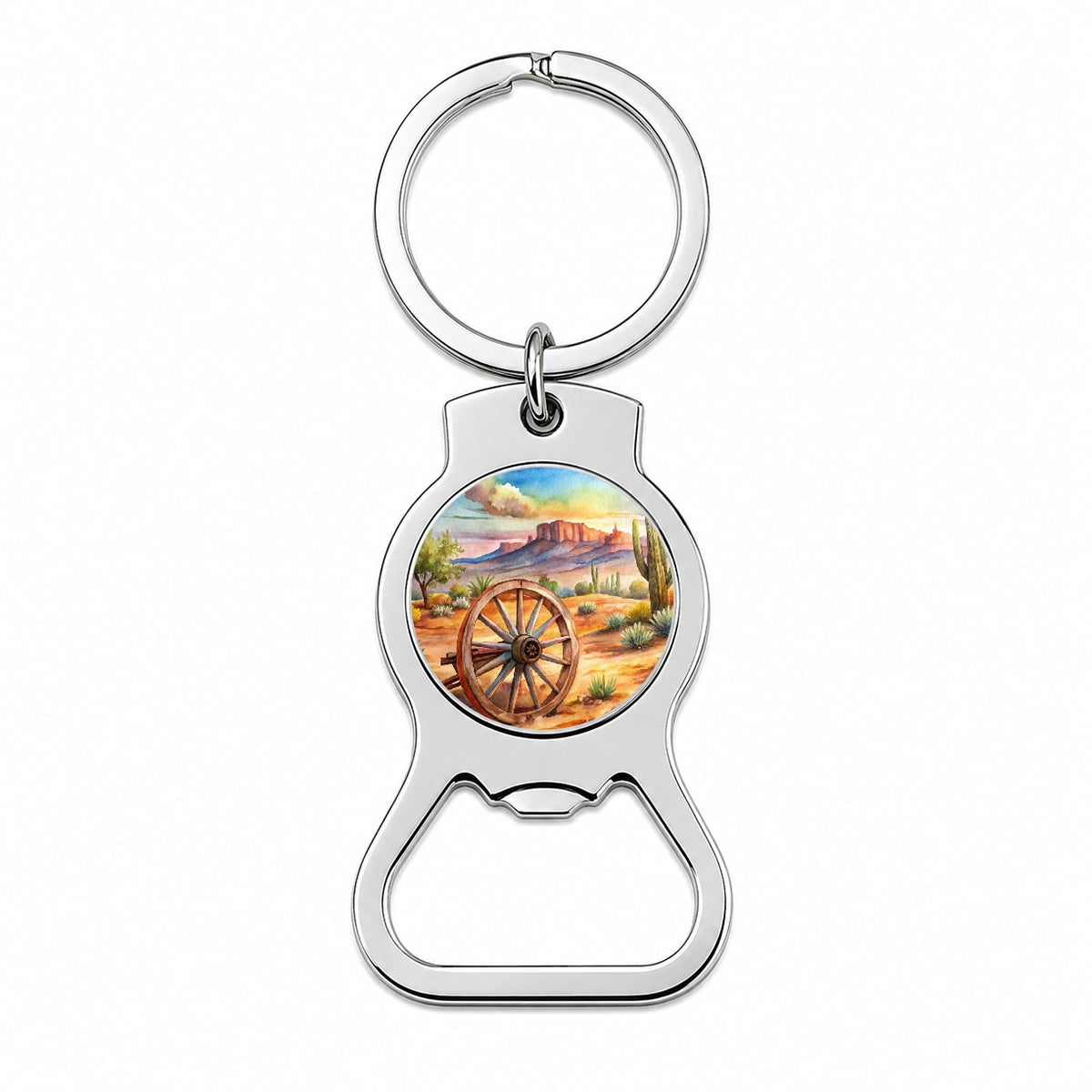 Southwest Desert With Abandoned Wagon Wheel Watercolor Bottle Opener Keychain