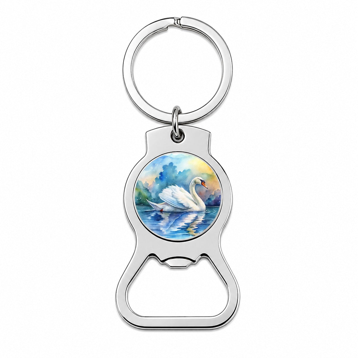 Swan Gliding Across Lake Watercolor Bottle Opener Keychain