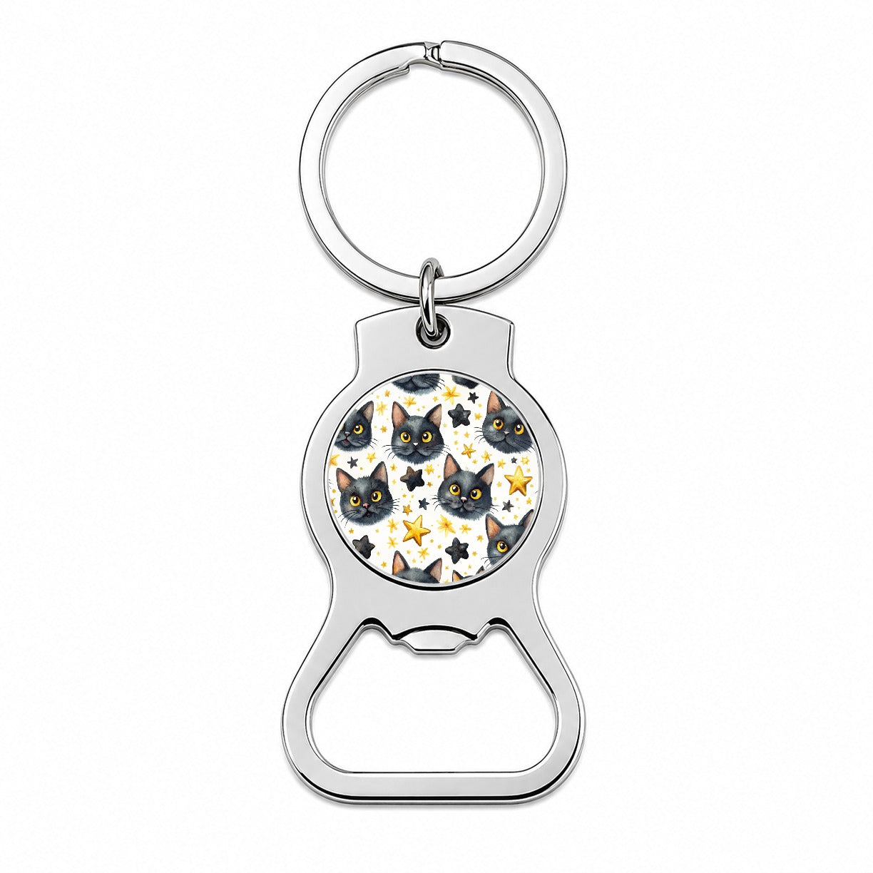 Sweet Black Cat Faces Yellow Stars Bottle Opener Keychain