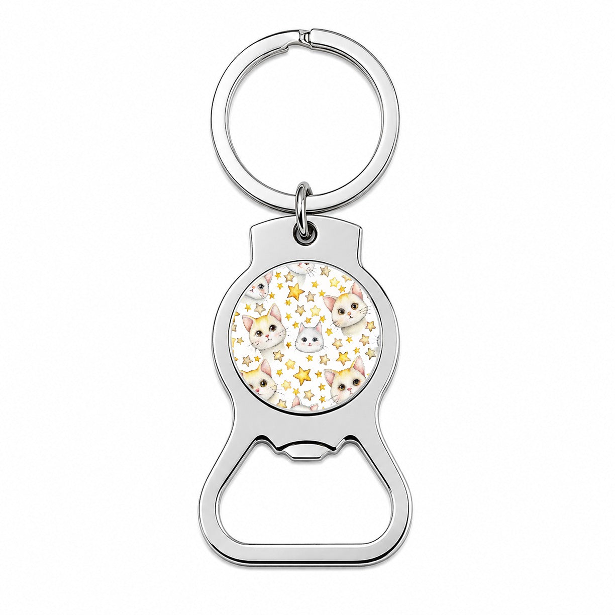 Sweet White Cats Yellow Stars Bottle Opener Keychain