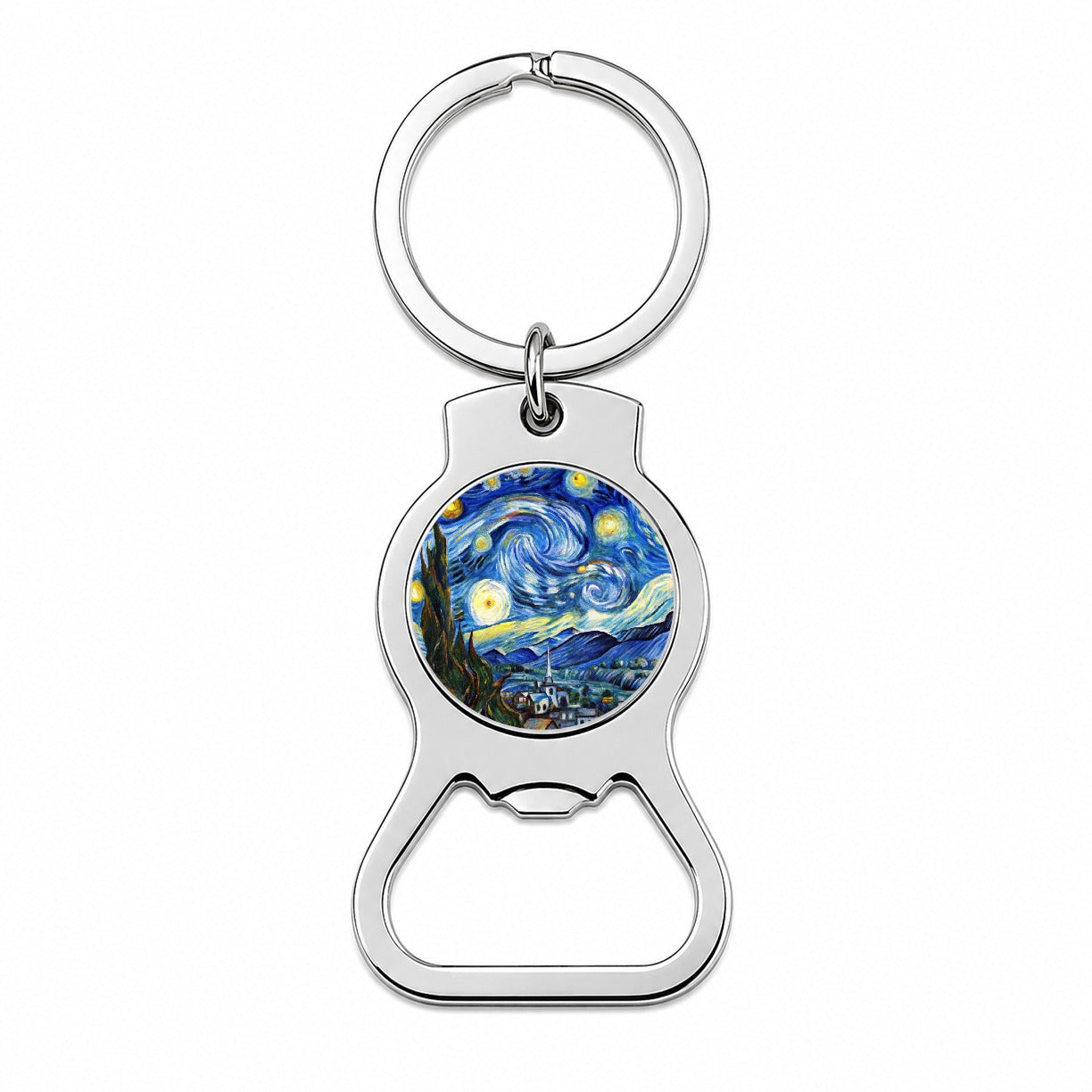 Watercolor Faux Van Gogh Starry Night Bottle Opener Keychain