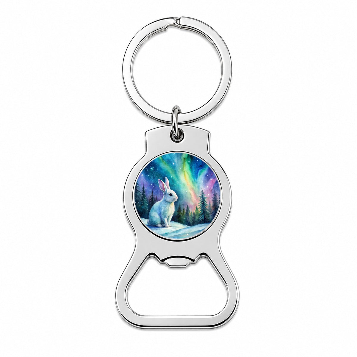 White Bunny Rabbit And Northern Lights Watercolor Bottle Opener Keychain