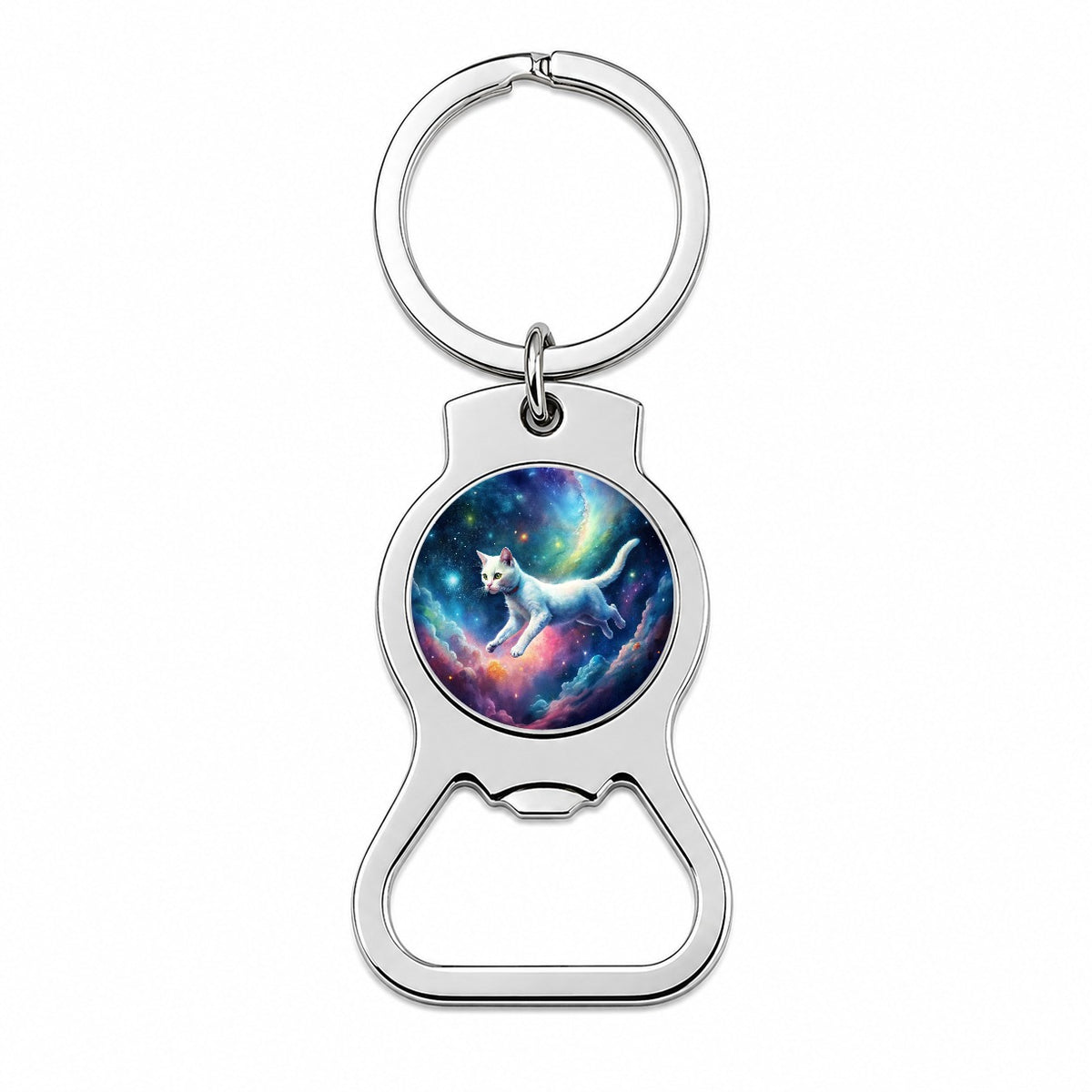 White Cat Flying Through Space Funny Watercolor Bottle Opener Keychain
