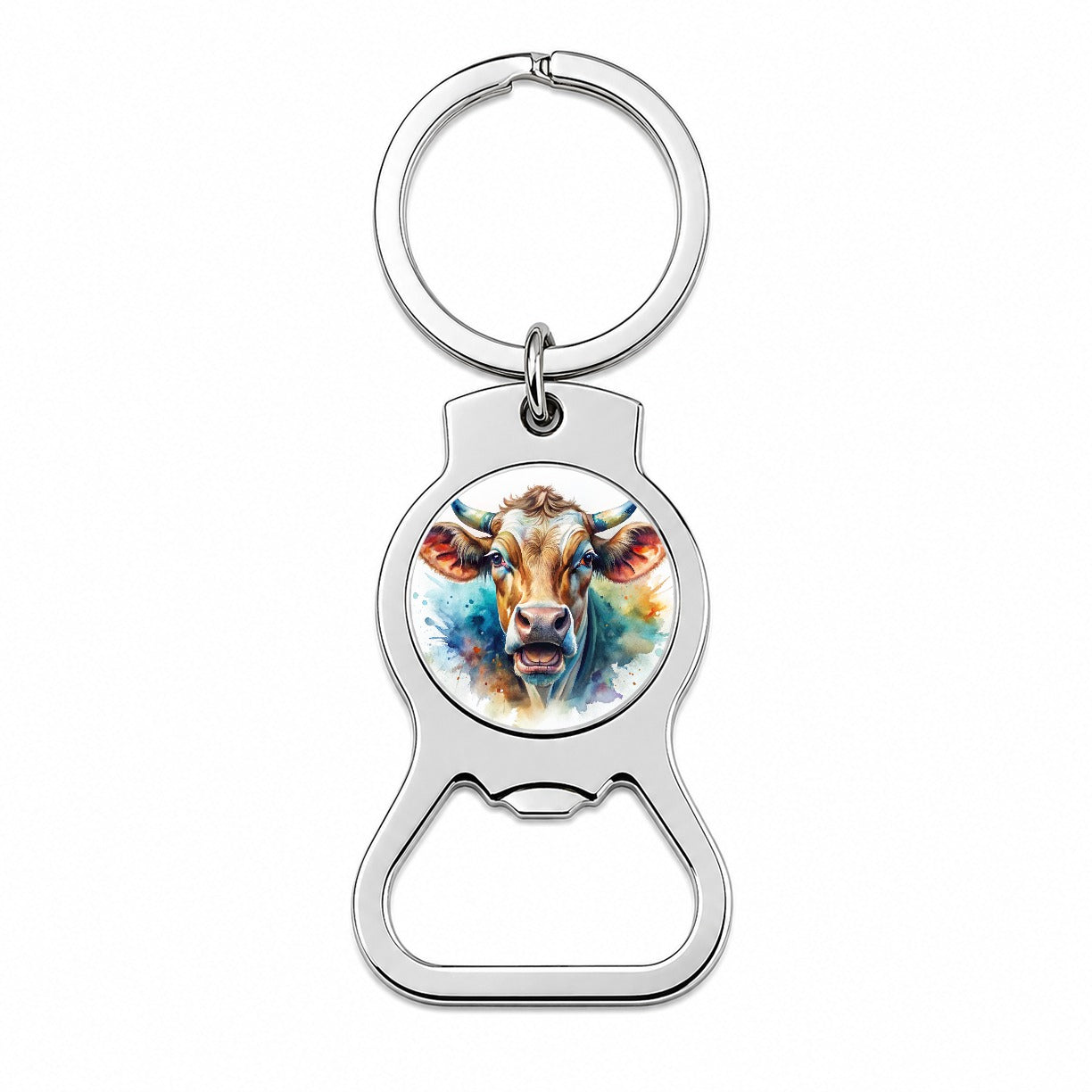 Angry Cow Watercolor Bottle Opener Keychain