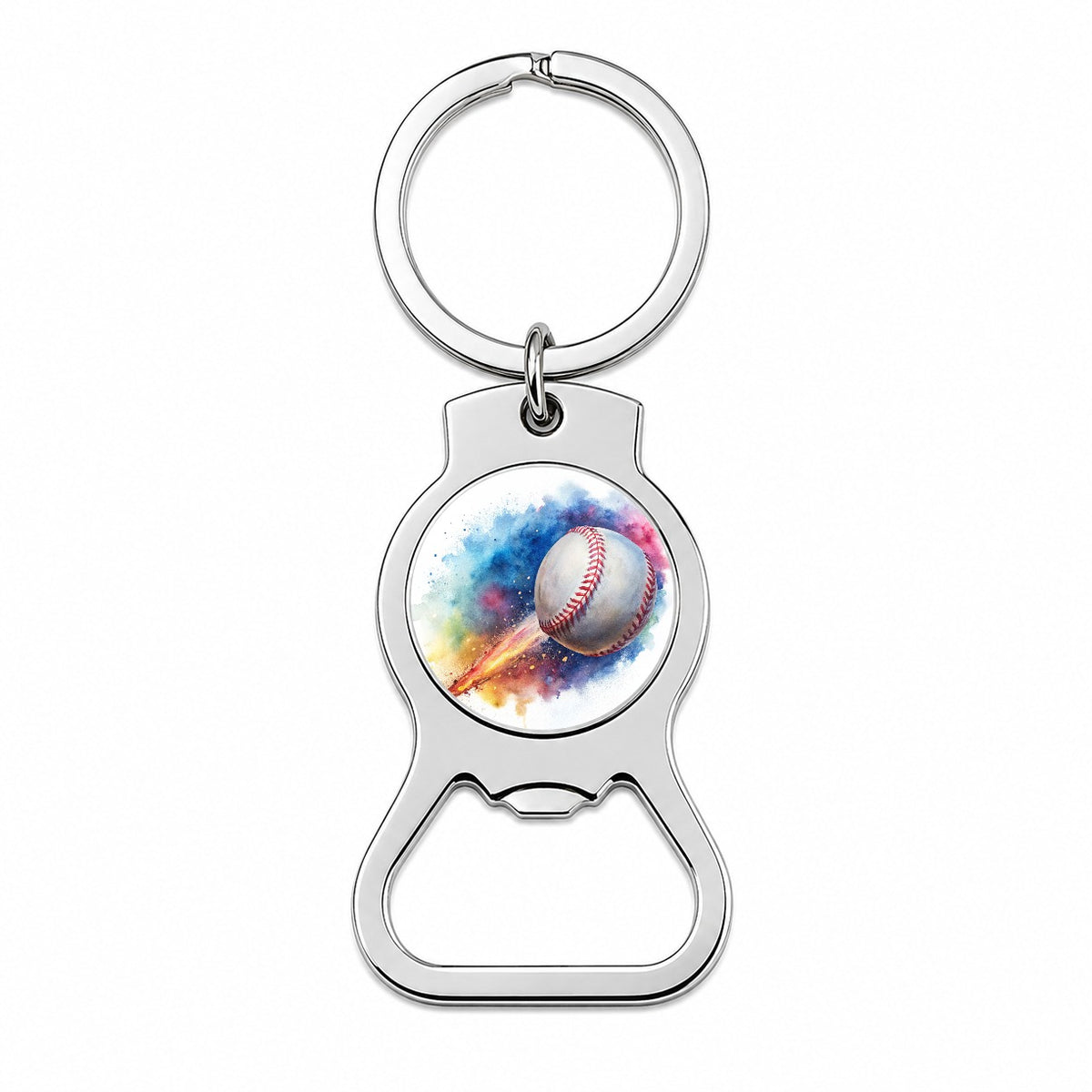 Baseball Rocketing Through The Air Watercolor Bottle Opener Keychain