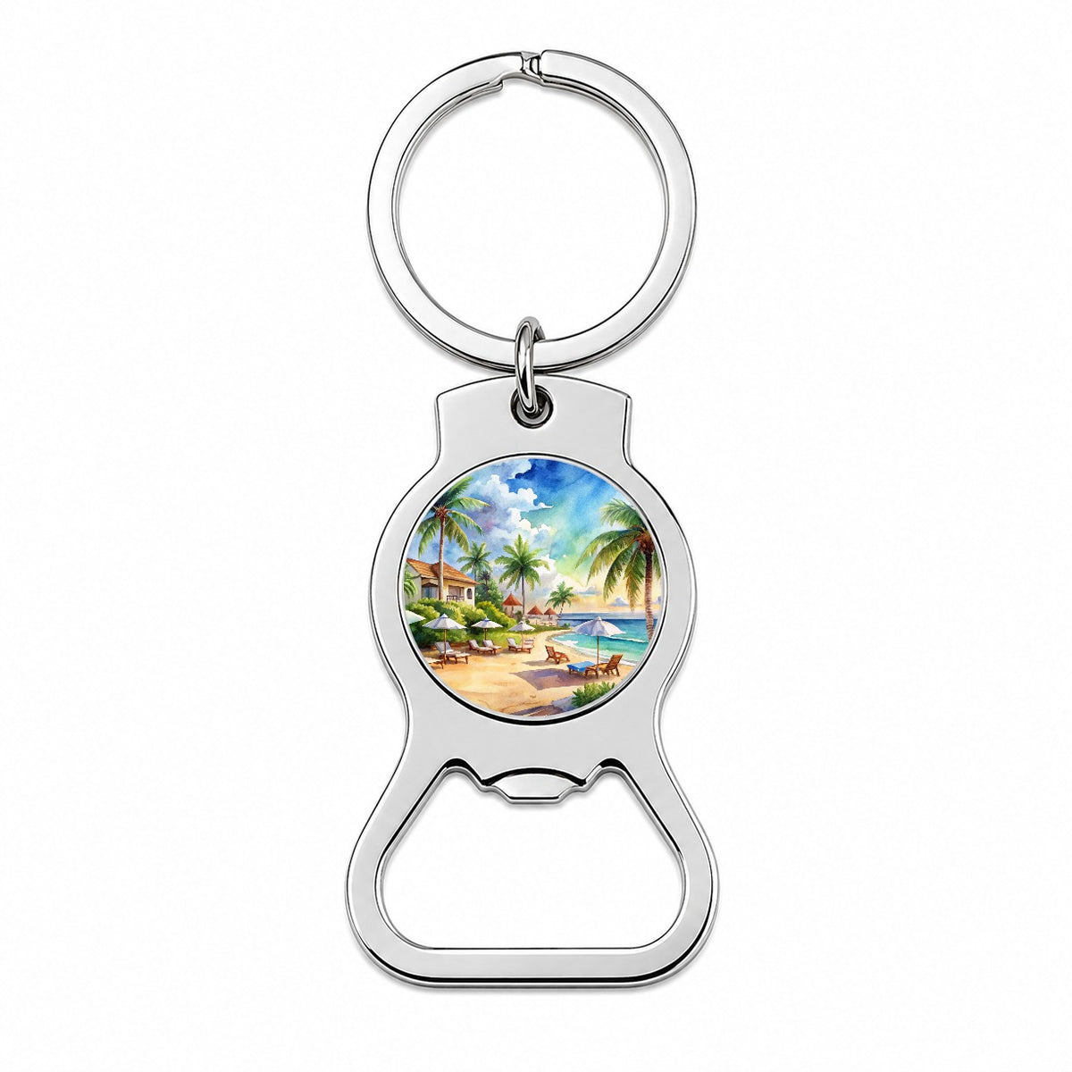Beach Resort Tropical Scene Watercolor Bottle Opener Keychain